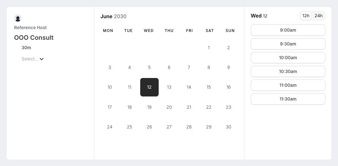 Cal.diy public booking page for the OOO Consult event type on Wednesday 12 June 2030, the host's out-of-office day, showing six bookable time slots and no out-of-office marker